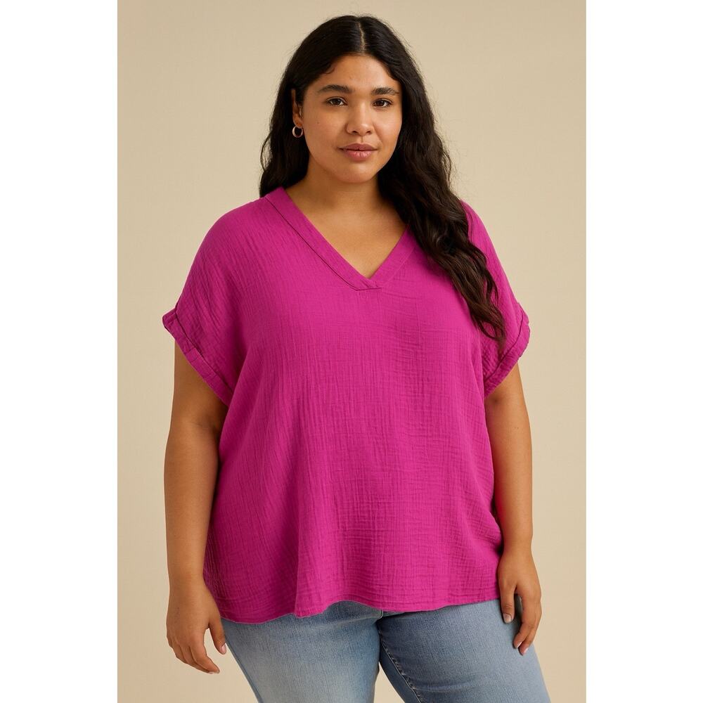 Lane Bryant Gauze Coastal Casual Top Pink 100% Cotton Size 14 Preppy Comfort EUC